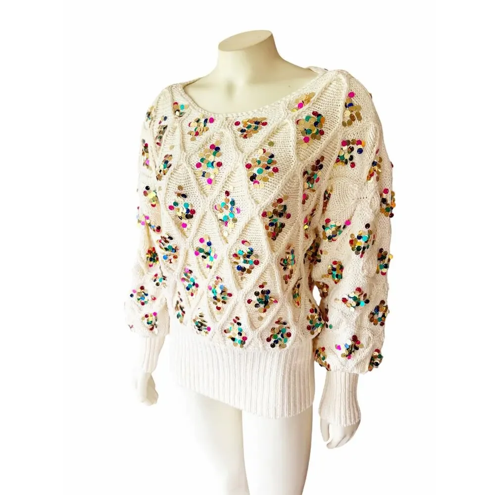Anthropologie Lara Sequined Sweater Cream Multicolor Party New Years NWT Small